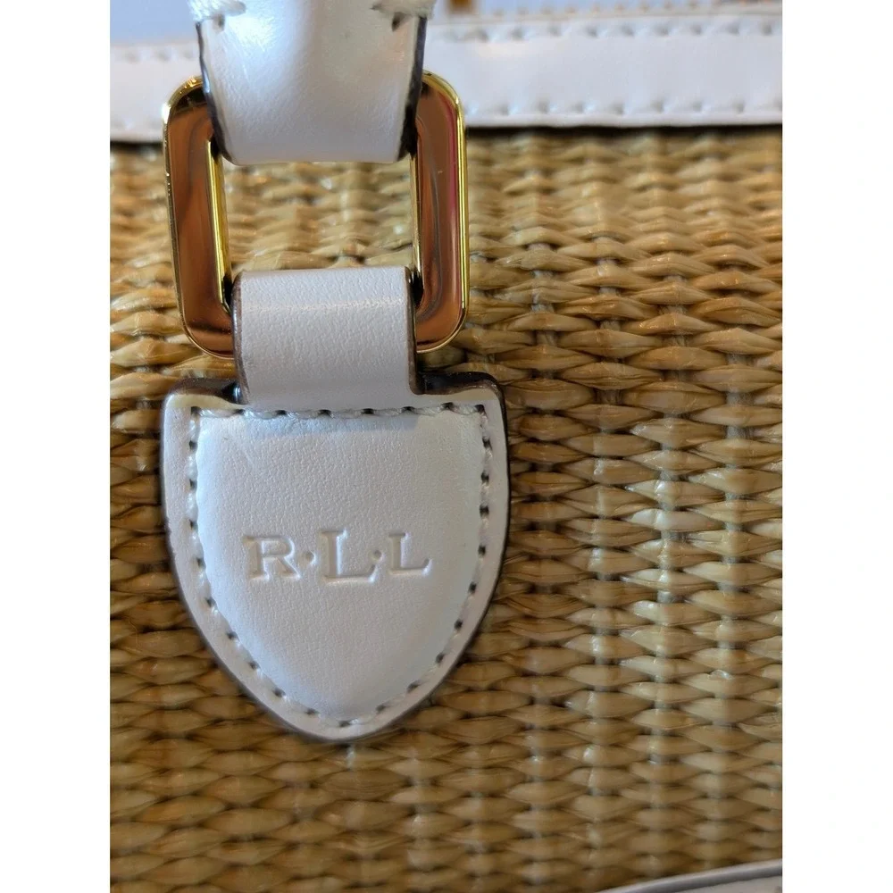 Lauren Ralph Lauren Straw Woven Satchel Bag White Leather Trim Gold Hardware